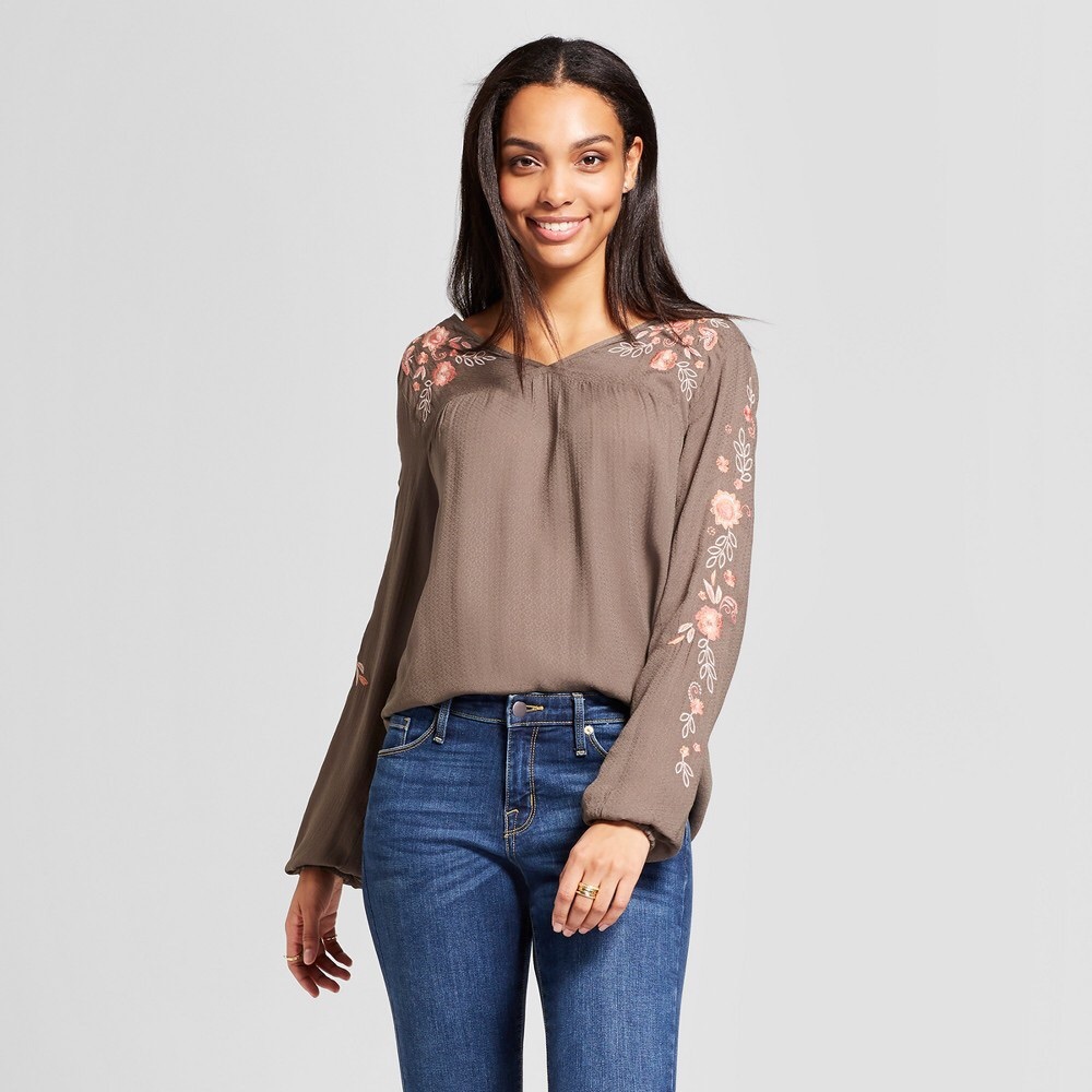 Olive Green Embroidered Peasant Top